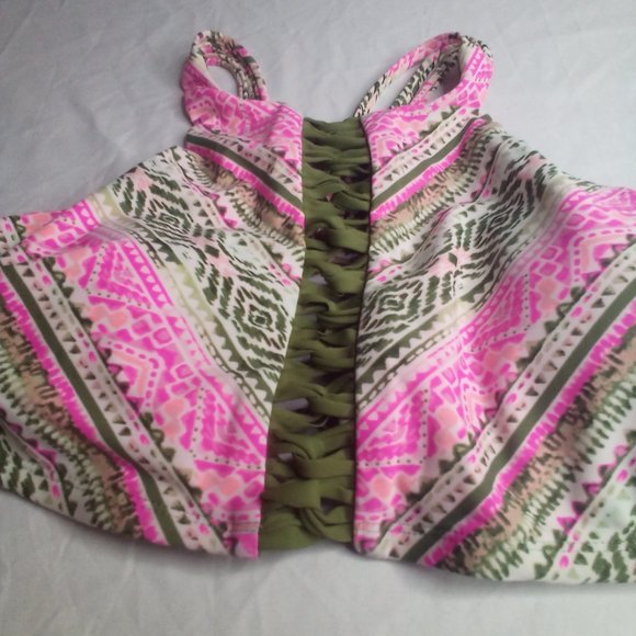 Time And Tru Swim Top M 8-10 Cut-Out Strappy Green Pink - Picture 11 of 14